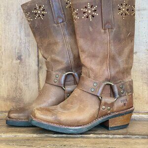 FRYE Harness Flower Brown Leather Motorcycle Pull On Boots Women Size 5.5 M